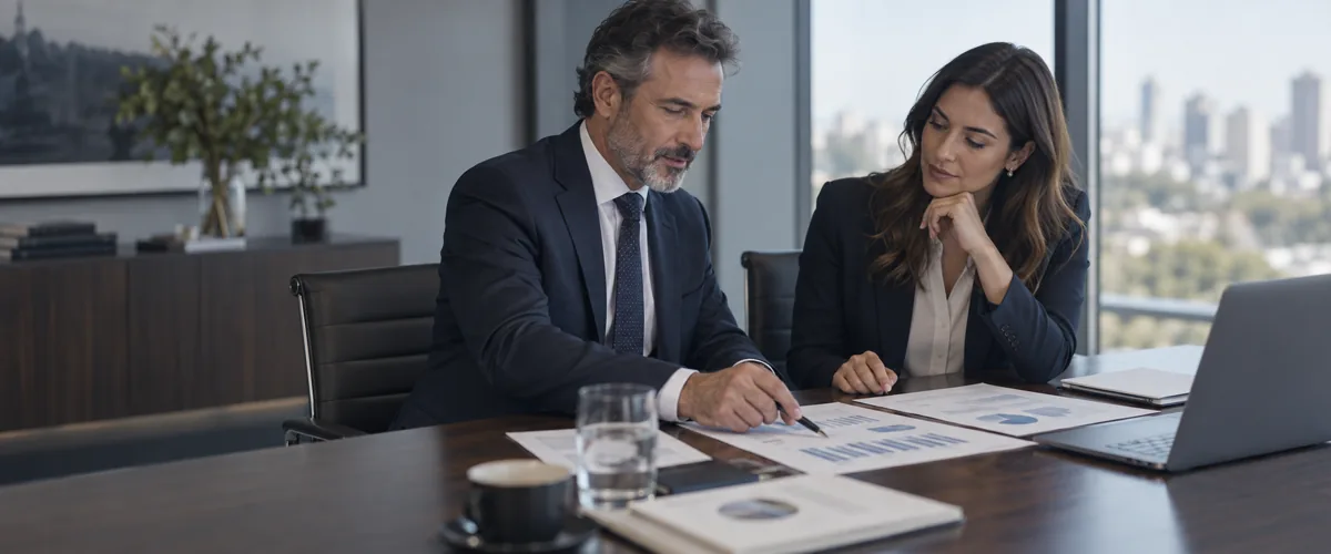 Profissionais analisam dados financeiros e oportunidades de investimento