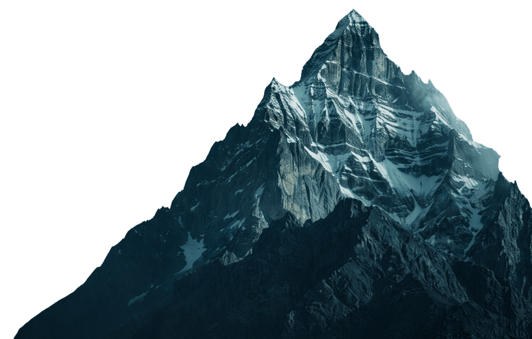 Imponente montanha rochosa com pico nevado recortada em fundo transparente. Serve como base interativa ilustrando a jornada de crescimento e proteção patrimonial.