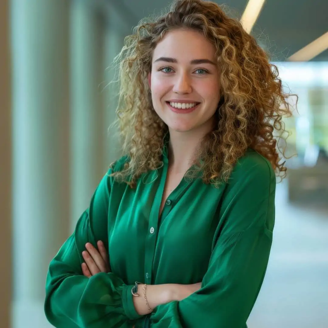 Mulher jovem e elegante de blusa verde, sorrindo com os braços cruzados em um ambiente corporativo iluminado. Representa o atendimento sofisticado e acolhedor da boutique financeira - Mobile