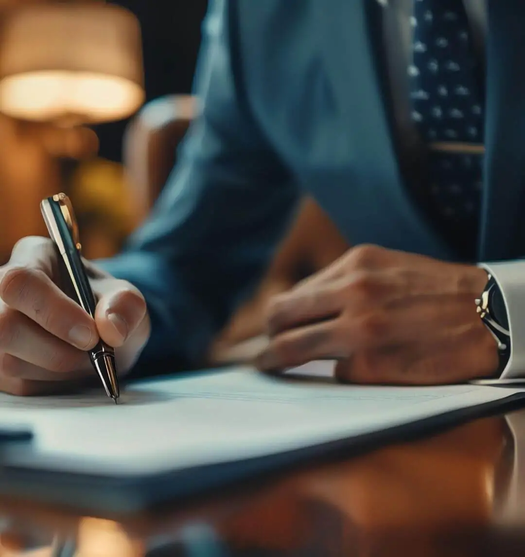 Detalhe em close-up das mãos de um executivo de terno assinando um contrato formal com uma caneta premium. Simboliza a formalização e a segurança da engenharia financeira.